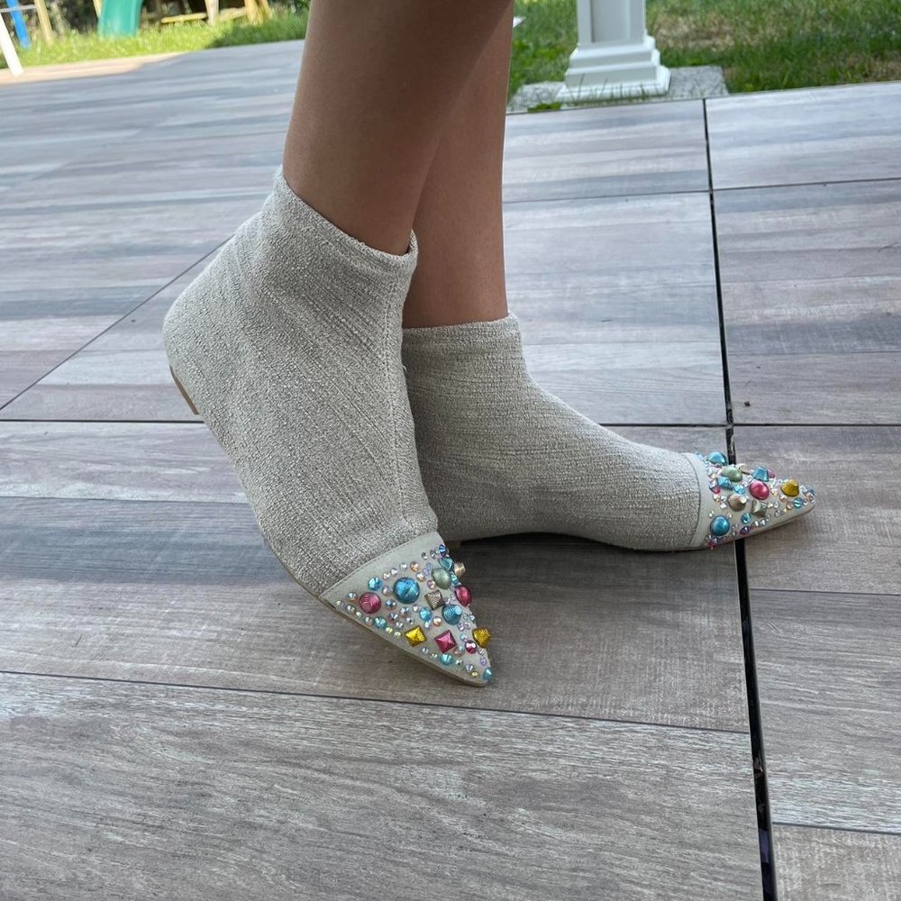 RAS embellished colorful bejeweled tip fabric sock boots!